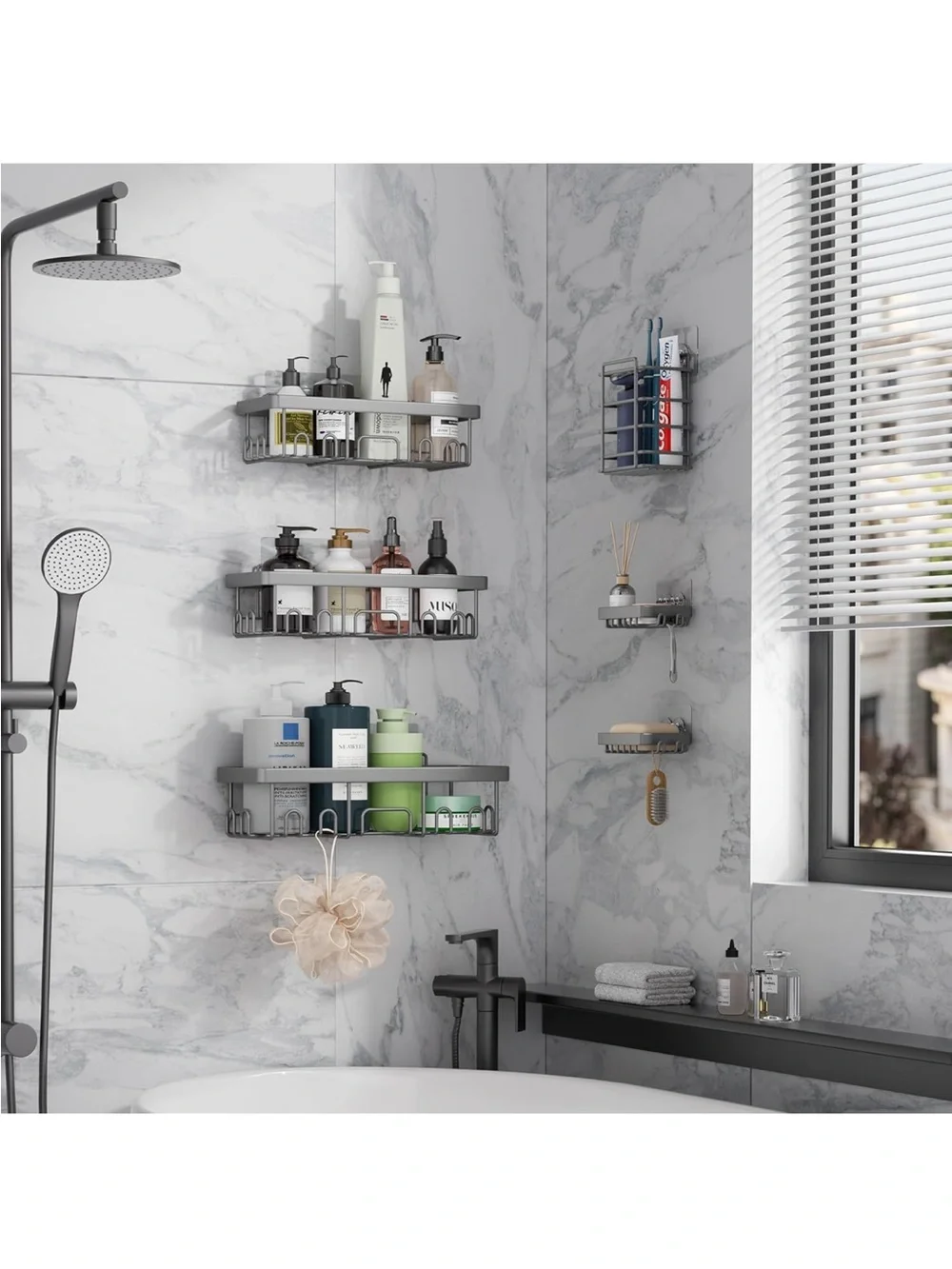 Gray Wall-Mount Shower Organizer Shelf Set - Modern Bathroom Storage